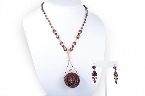 A Bohemian Garnet Victorian Parfum Bottle Necklace and Pair of Earrings