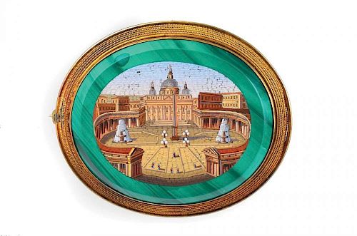 A Victorian Micromosaic and Malachite Brooch Depicting St. Peter's Square