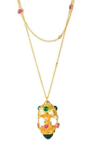 A Gold Multi-Gem and Diamond By The Yard Pendant Necklace