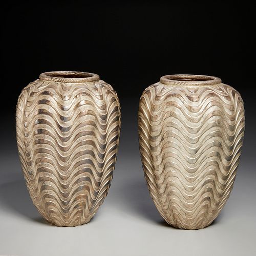 Robert Kuo, pair Art Deco style metal vases