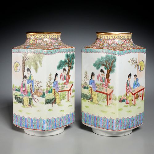 Pair Chinese famille rose cong vases
