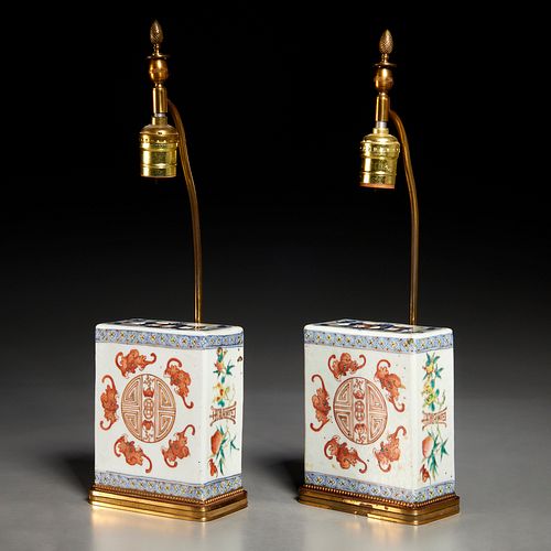 Pair Chinese porcelain pillows mounted as lamps