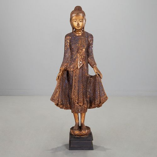 Large Burmese gilt and mirrored wood Buddha
