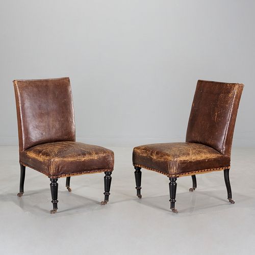 Pair Victorian ebonized vintage leather chairs