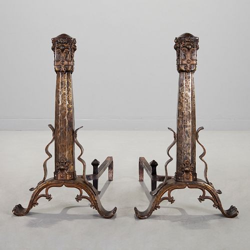 Pair Gothic Revival hammered iron andirons