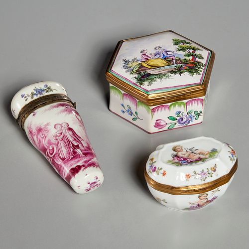 (3) Early Continental hand-painted porcelain boxes