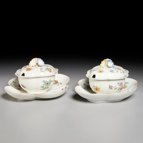(2) Chantilly sauceboats, covers & stands, 18th c.