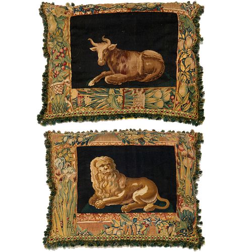 Pair large antique Belgian tapestry pillows