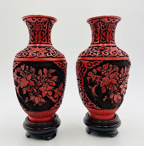 Pair of Chinese Carved Brass, Floral Vases Red & Black