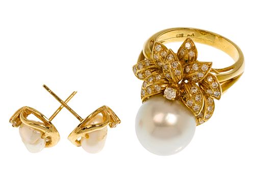 14k Yellow Gold, Pearl and Diamond Ring and Earrings