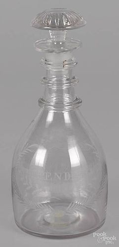 Etched colorless glass decanter, 19th c., possi