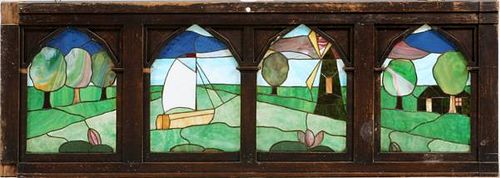 FOUR PANEL LEADED AND STAINED GLASS WINDOW
