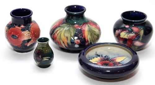 MOORCROFT POTTERY VASES AND BOWL 5 PIECES