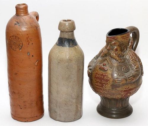 STONEWARE BOTTLES AND FIGURAL PITCHER 3 PIECES