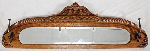 CARVED OAK HANGING MIRROR W/ CLOTHES  HOOKS