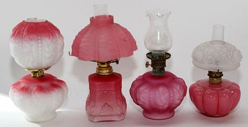 VICTORIAN PINK GLASS OIL LAMPS 4 PIECES