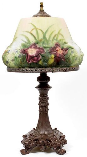 PAIRPOINT STYLE PUFFY GLASS AND SPELTER TABLE LAMP