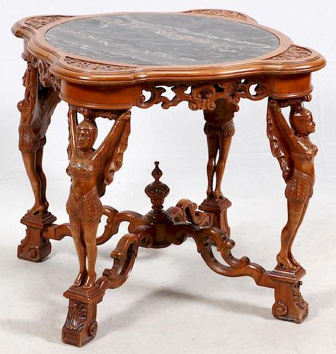 ITALIAN CARVED WALNUT AND INSET MARBLE TABLE C.1910