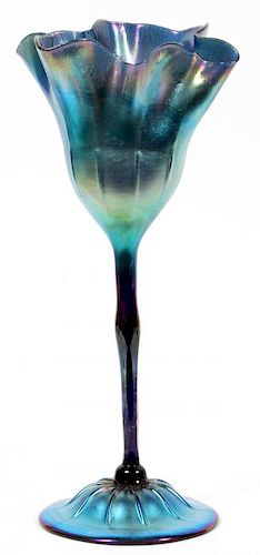 BLUE IRIDESCENT STUDIO GLASS FLORAL FORM VASE