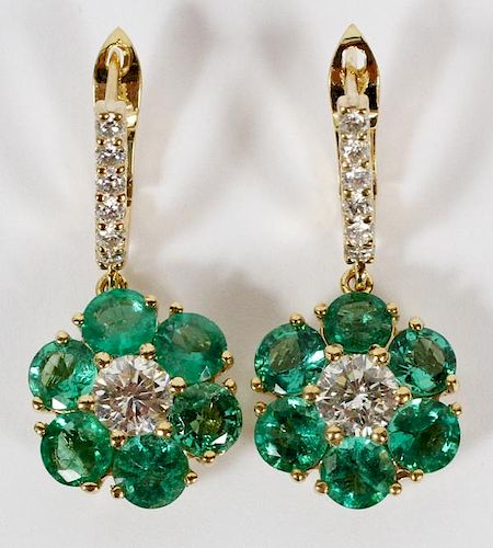 14KT YELLOW GOLD 4CT EMERALD AND DIAMOND EARRINGS