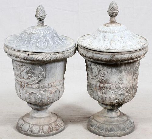 FRENCH VINTAGE LEAD COVERED GARDEN URNS C.1930 PAIR