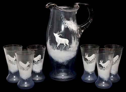 MARY GREGORY ANTIQUE GLASS PITCHER & 6 TUMBLERS
