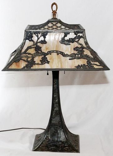SLAG GLASS AND SPELTER TABLE LAMP