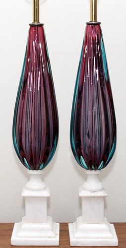 HAND BLOWN GLASS AND MARBLE LAMPS PAIR