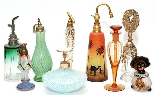 COLORED GLASS PERFUME BOTTLES 9 PIECES