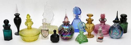 COLORED GLASS PERFUME AND COLOGNE BOTTLES 14 PIECES