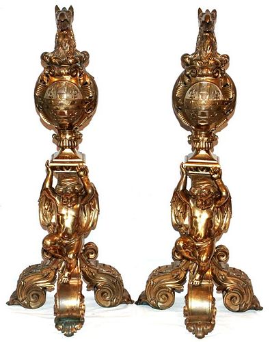 BRASS FIGURAL ANDIRONS EARLY 20TH C. PAIR