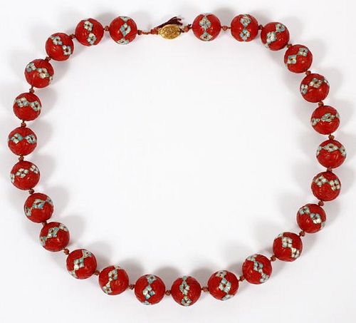 CHINESE ENAMEL & RED-CINNABAR NECKLACE W/ CLASP