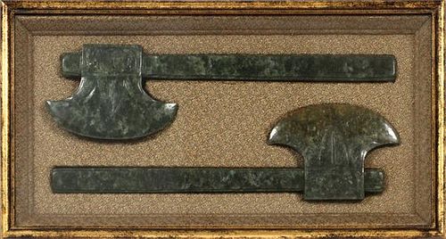 CHINESE CARVED SPINACH JADE SYMBOLIC AXES 19TH C.