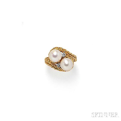 18kt Gold, Cultured Pearl, and Diamond Bypass Ring
