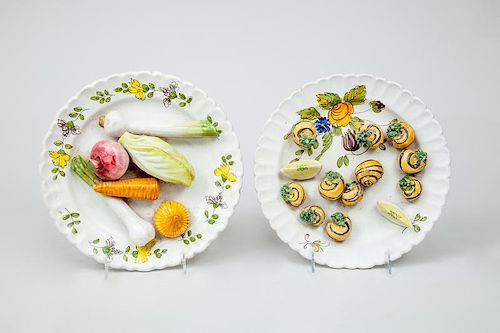Italian Trompe L'oeil Glazed Pottery Vegetable Plate and an Escargot Plate
