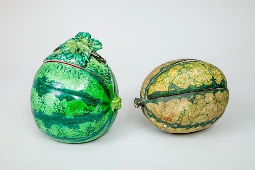 Italian Glazed Pottery Watermelon-Form Tureen and Cover and a Painted Wood Model of a Watermelon