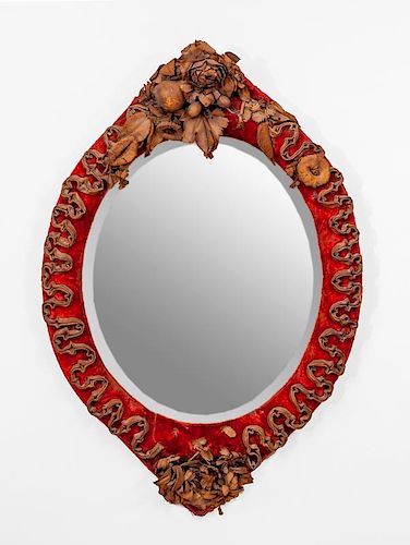 Victorian Leather-Mounted Velvet Oval Mirror