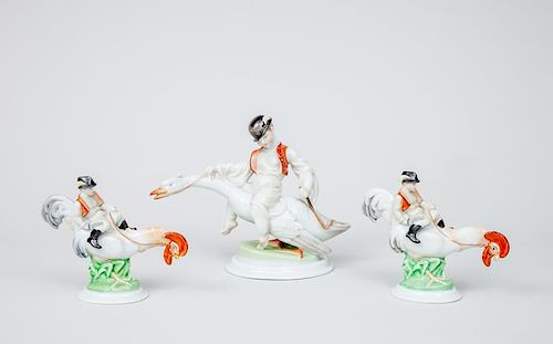 Group of Three Herend Porcelain Rider Figures on Birds