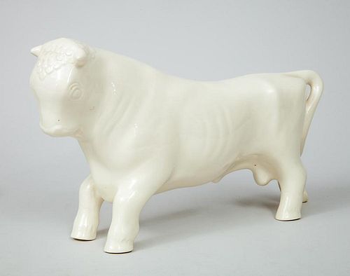 Wedgwood Ivory-Glazed Pottery Figure of a Bull and a Sponge-Decorated Pottery Cow-Form Creamer