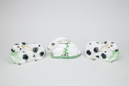 Pair of Italian Glazed Pottery Rabbits and a Rabbit-Form Tureen and Cover