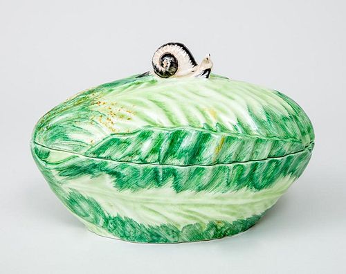 Italian Glazed Pottery Leaf-Form Tureen and Cover with Snail Decoration