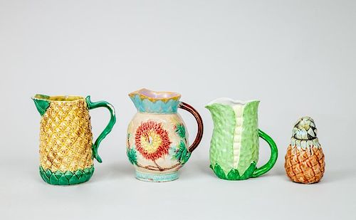 Majolica Pottery Pitcher, an Italian Pottery Pitcher with Corn Motif, a Japanese Pottery Pineapple-Form Pitcher, and a Glazed Pottery Pineapple-Form T
