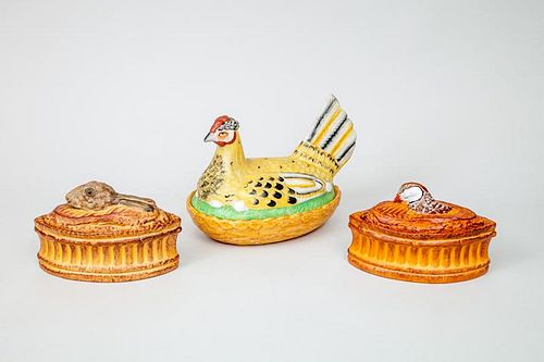 Glazed Pottery Covered Hen Tureen and a Pair of French Glazed Pottery Oval Tureens