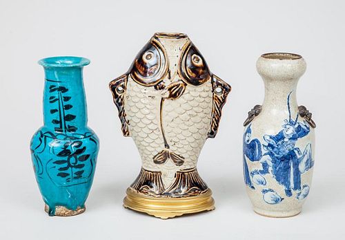 Double Fish-Form Glazed Pottery Vase, a Japanese Pottery Baluster-Form Vase, and a Primitive Turquoise Glazed Vase