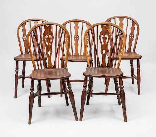 Three Provincial Walnut and Oak Windsor Side Chairs and a Pair of Oak Windsor Side Chairs