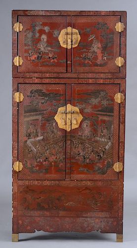 Chinese Red Gilt-Metal-Mounted Lacquer Two-Part Cabinet