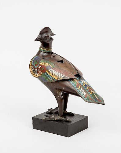 Asian Cloisonné and Bronze Bird-Form Incense Burner