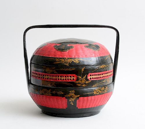 Japanese Red and Black Lacquer Wicker Two-Tier Picnic Basket