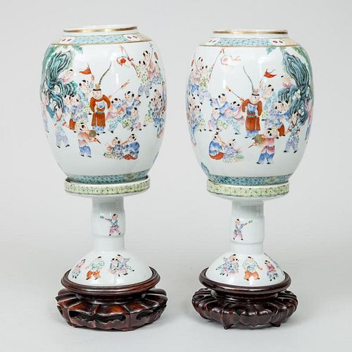 Pair of Chinese Famille Verte Porcelain Lanterns on Stands