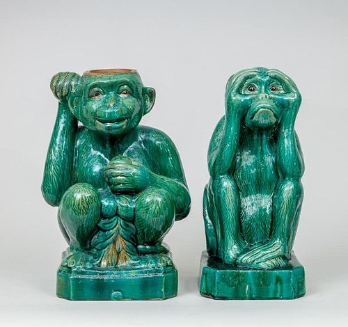 Chinese Green-Glazed Pottery Figure of a Monkey and a Monkey-Form Pedestal